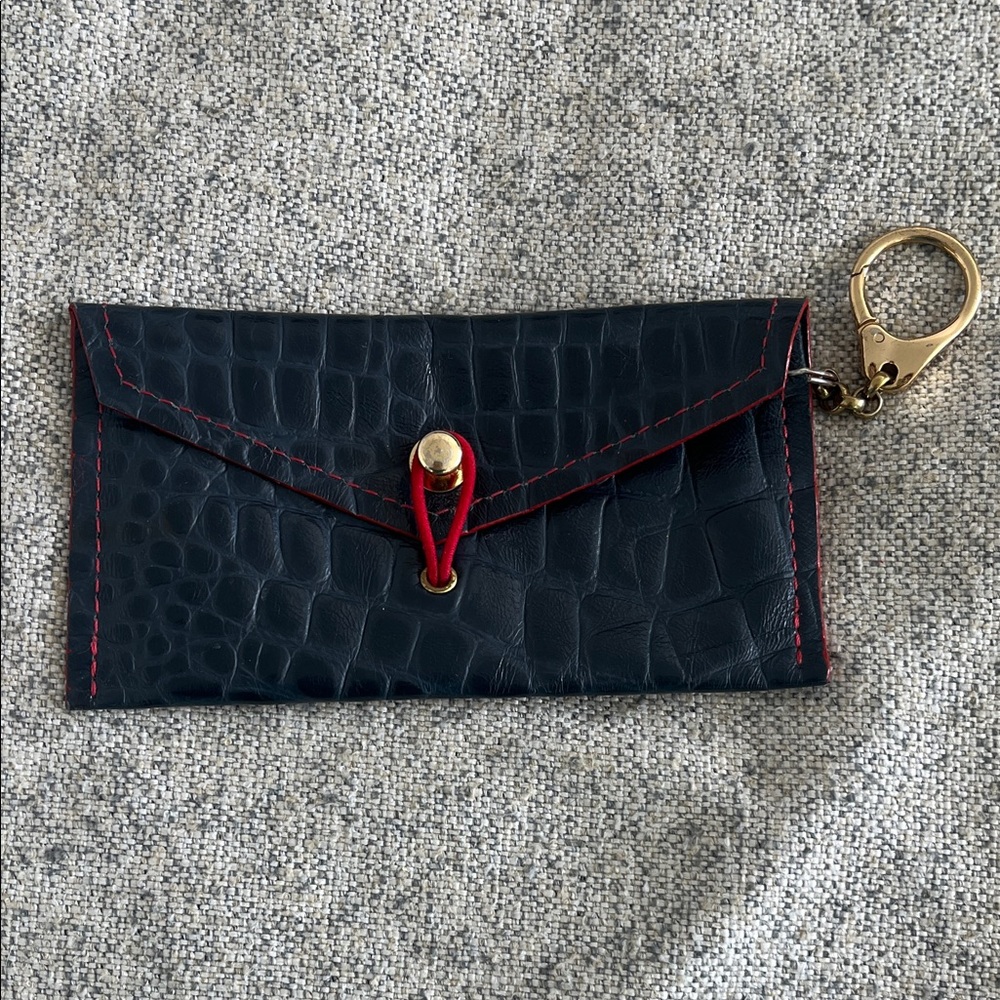 Navy Crocodile Pattern Keychain Wallet with elastic loop closure